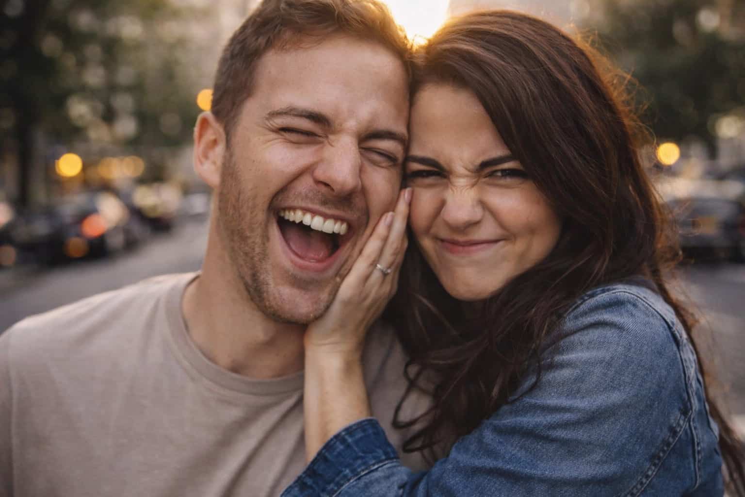 Laughing man and woman with squished faces, representing funny couple memes and relationship humor.