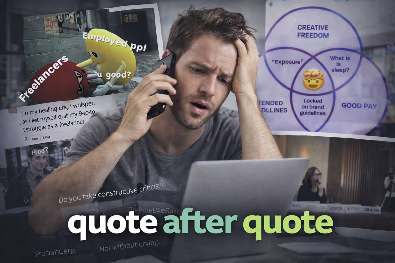 Stressed freelancer on a phone call with various memes about creative freedom, pay, and missed deadlines.