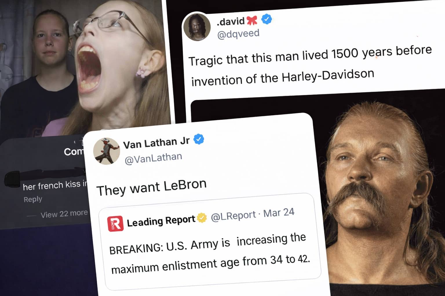 Collection of funniest comments featuring a girl with a wide mouth and a historical viking man.