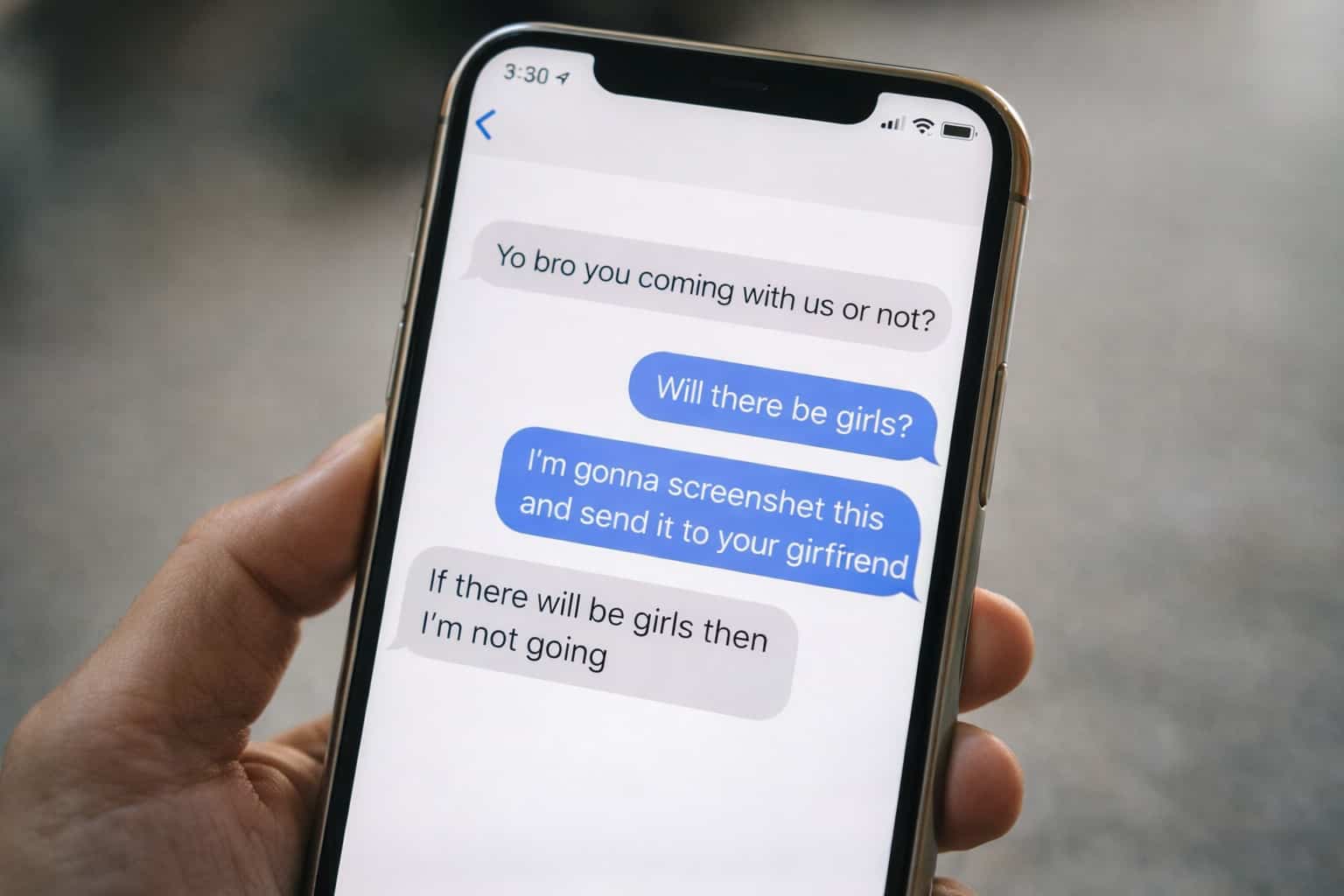 Funny text message conversation on smartphone about avoiding a party if girls are present.