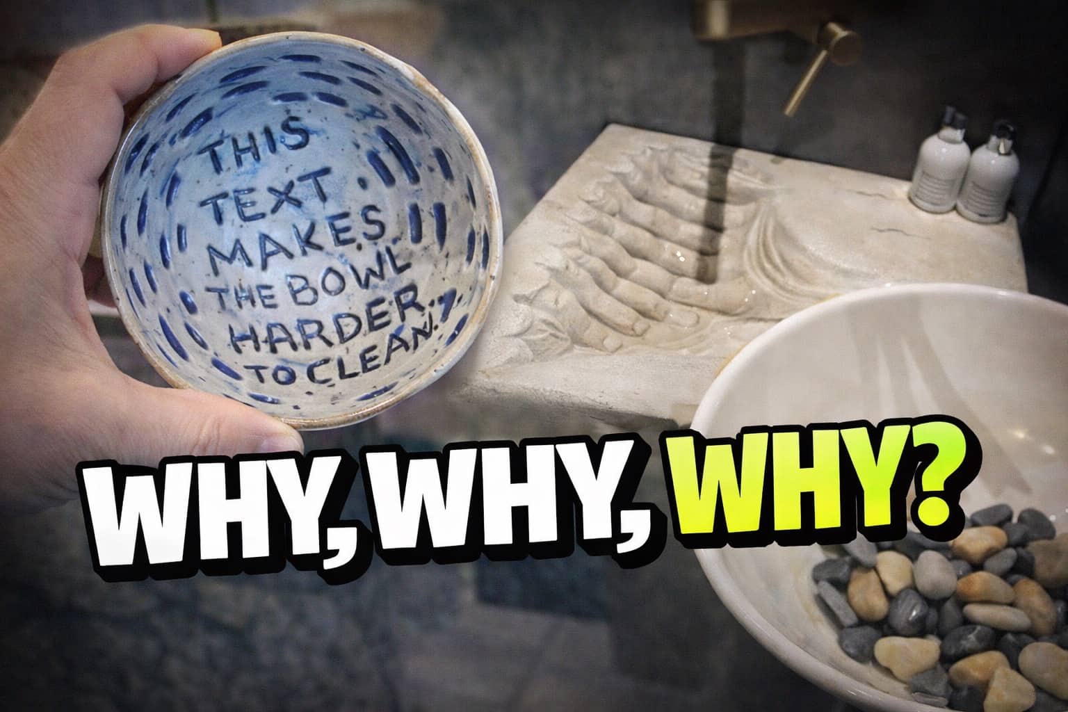 Hand holding a ceramic bowl with text explaining why the design makes it harder to clean.