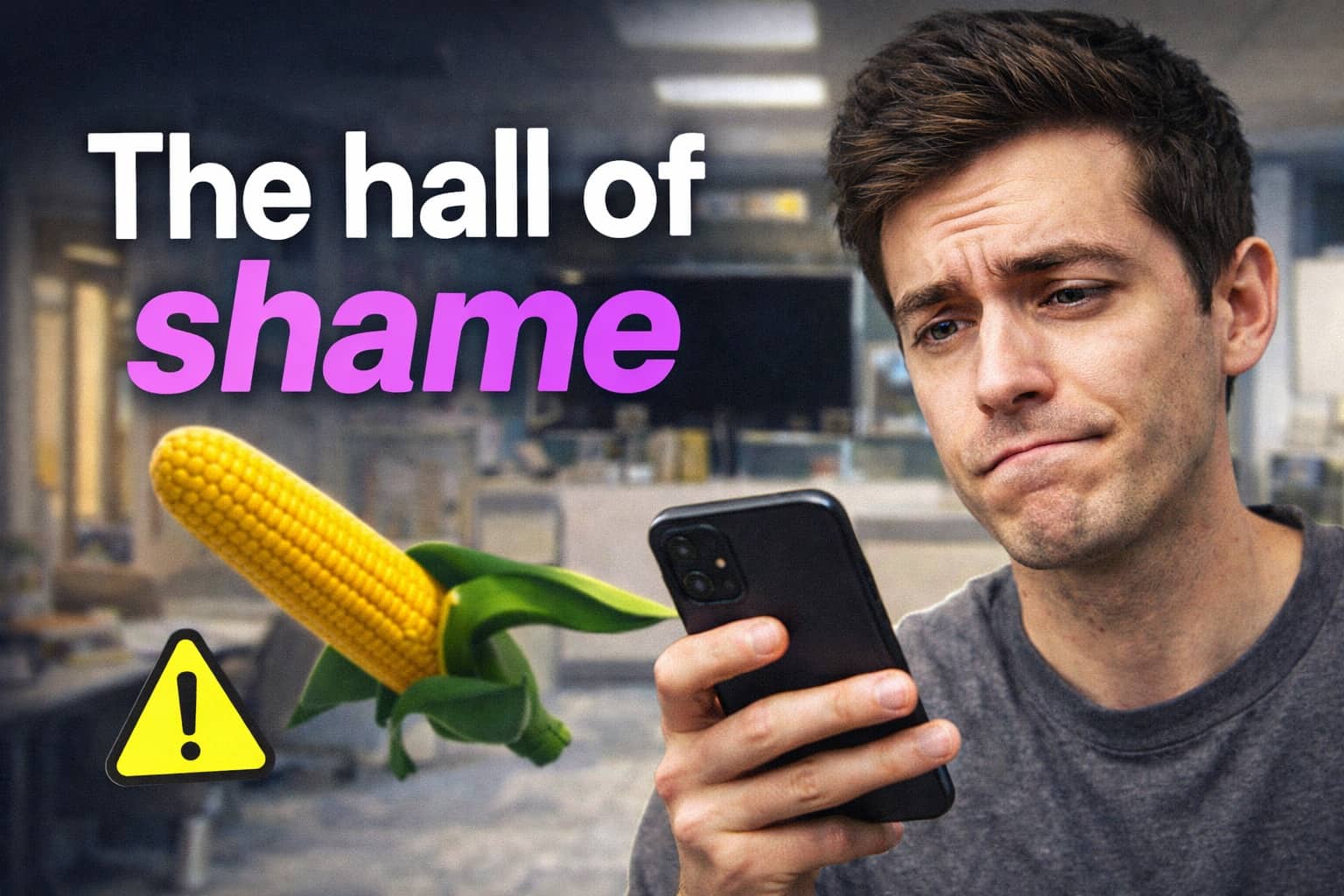Confused man looking at his smartphone with a corn emoji and the hall of shame.