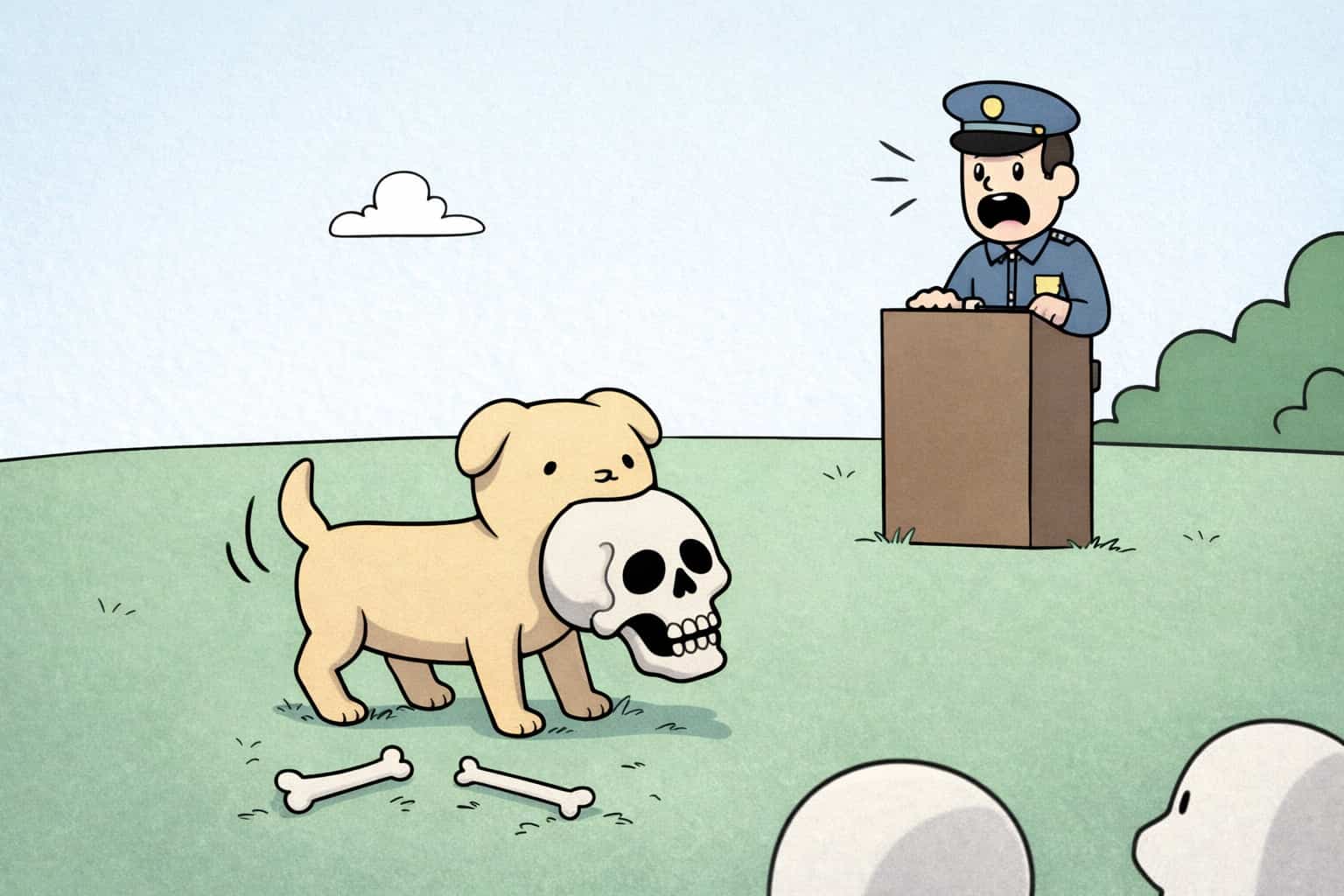 Cartoon puppy wagging its tail while holding a human skull in front of a policeman.