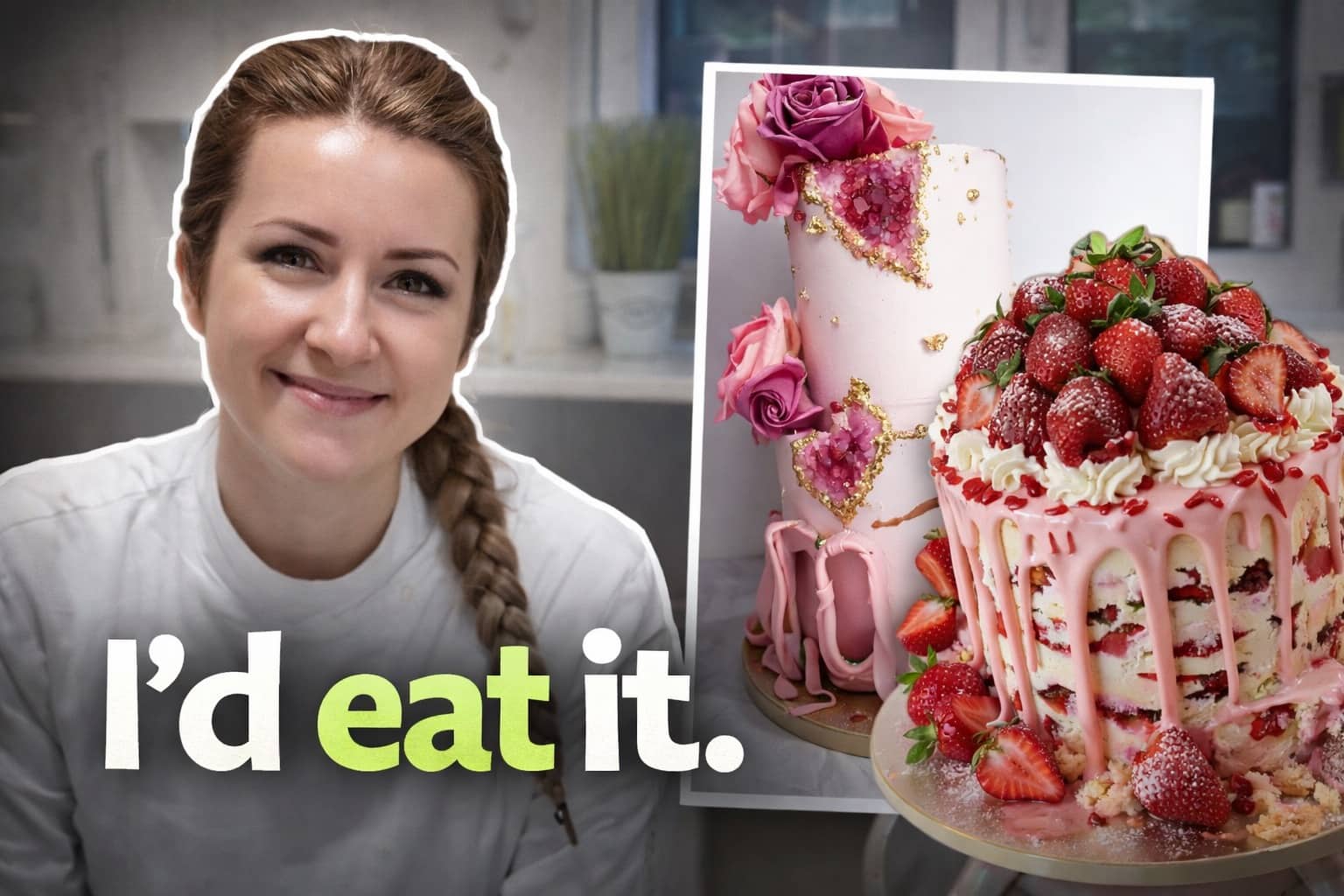 Smiling woman standing next to a beautiful pink geode cake and a decadent strawberry drip cake.