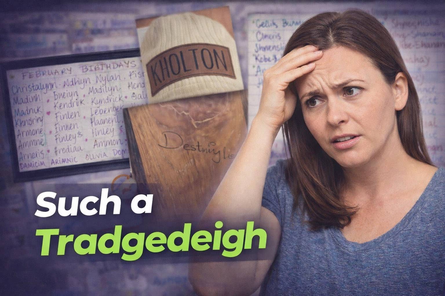 Woman looking confused at a list of bad kids names with unique and tragic misspellings.