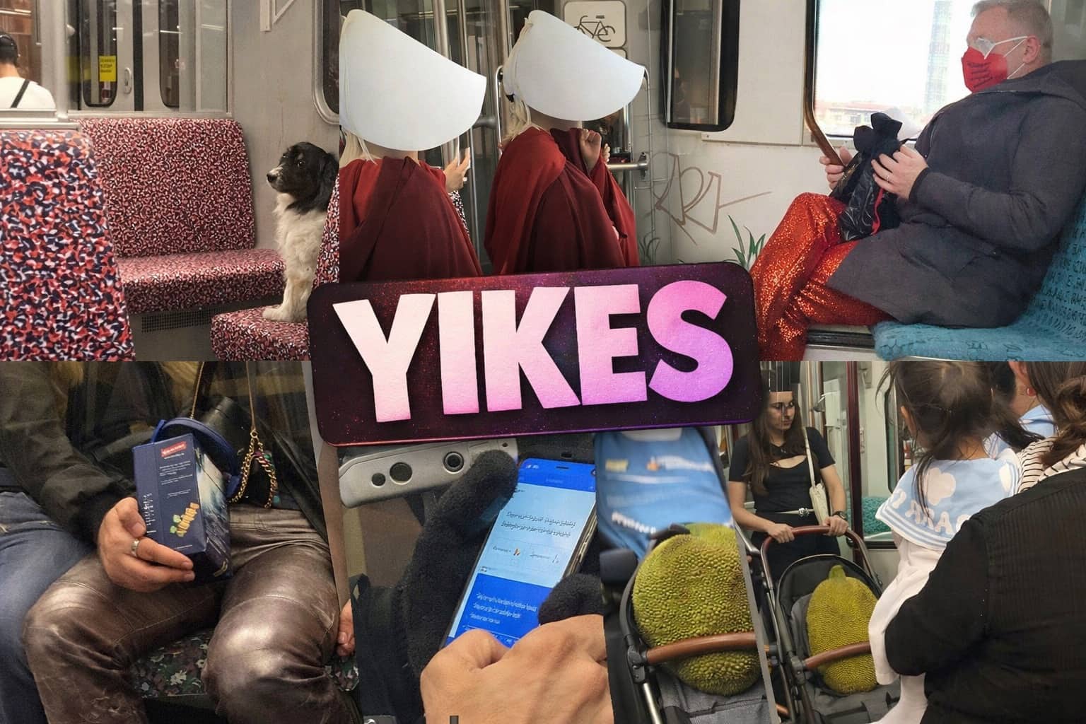 Collage of bizarre sightings on the Berlin subway labeled with a large purple Yikes text.