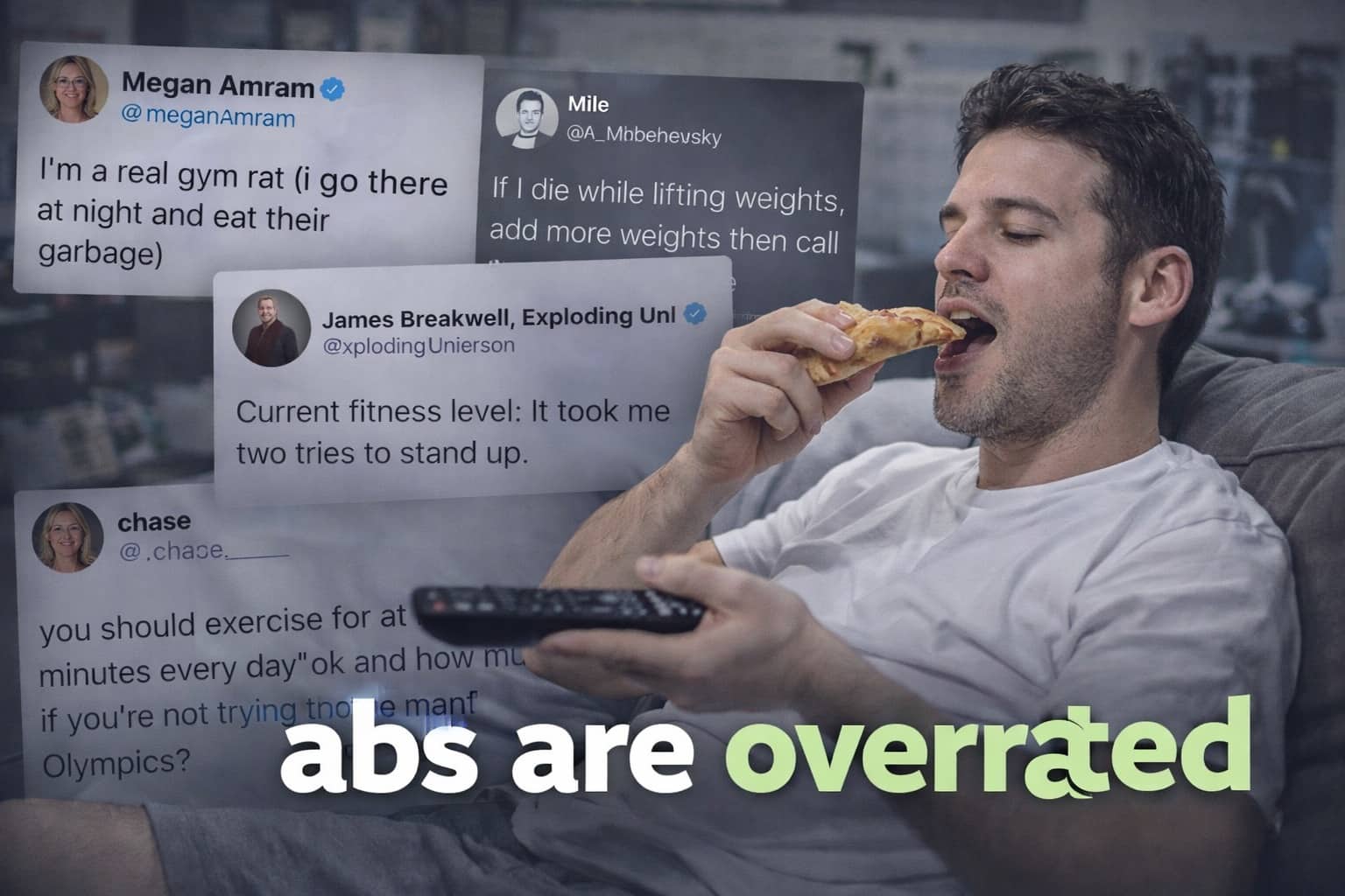 Man eating pizza on a couch while watching TV surrounded by funny fitness and gym tweets.