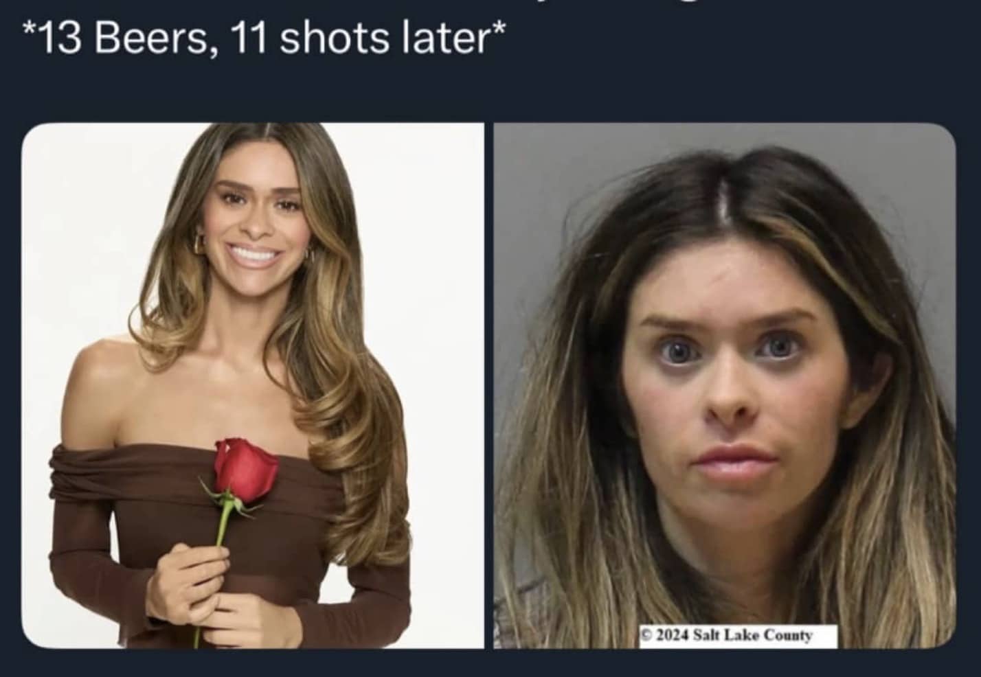 A side-by-side comparison of a woman from a reality show and her disheveled 2024 mugshot photo.