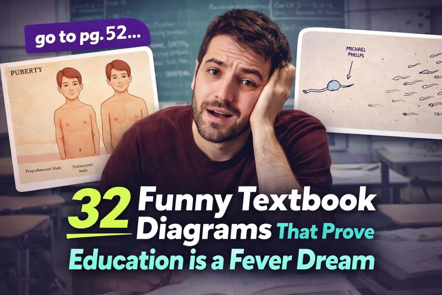 Tired man in a classroom surrounded by funny textbook diagrams about puberty and Michael Phelps.
