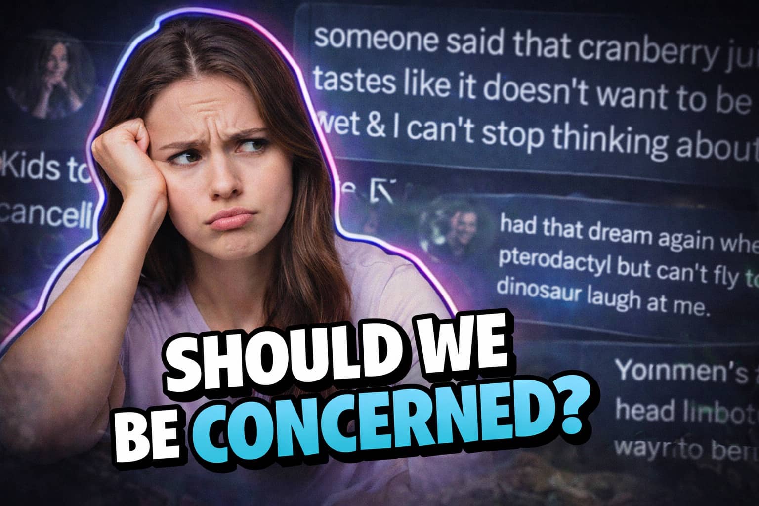Concerned woman looking at oddly specific social media posts about cranberry juice and pterodactyl dreams.