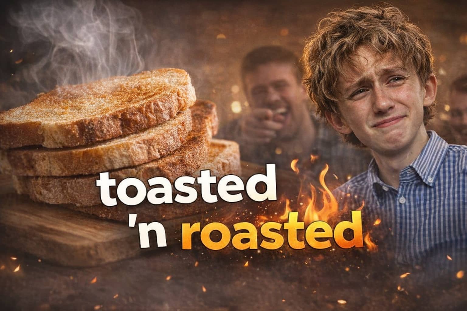 Crying boy next to a stack of burnt toast and flames with toasted 'n roasted text.