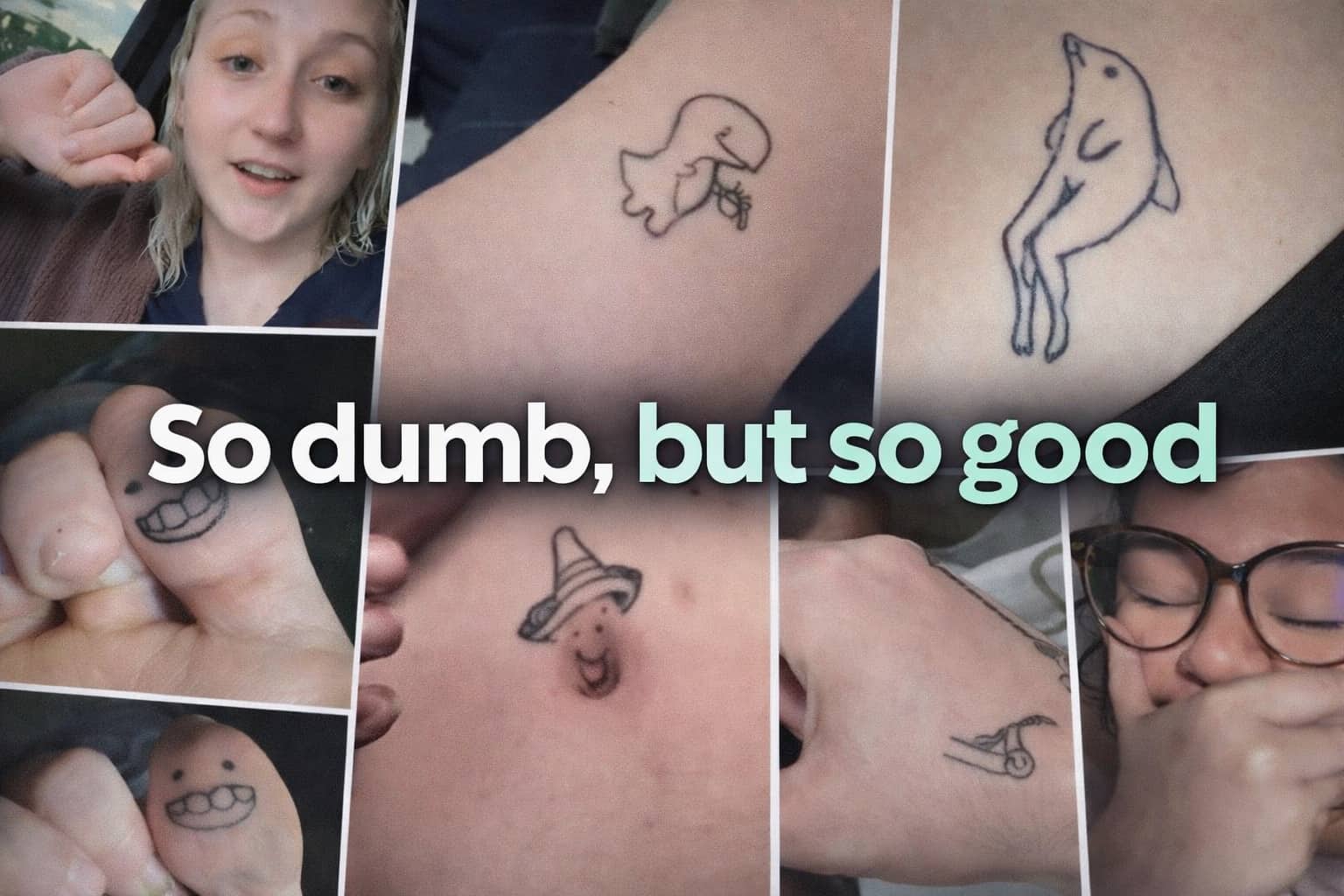 Gallery of dumb but good tattoos including a dolphin with legs and a belly button face.