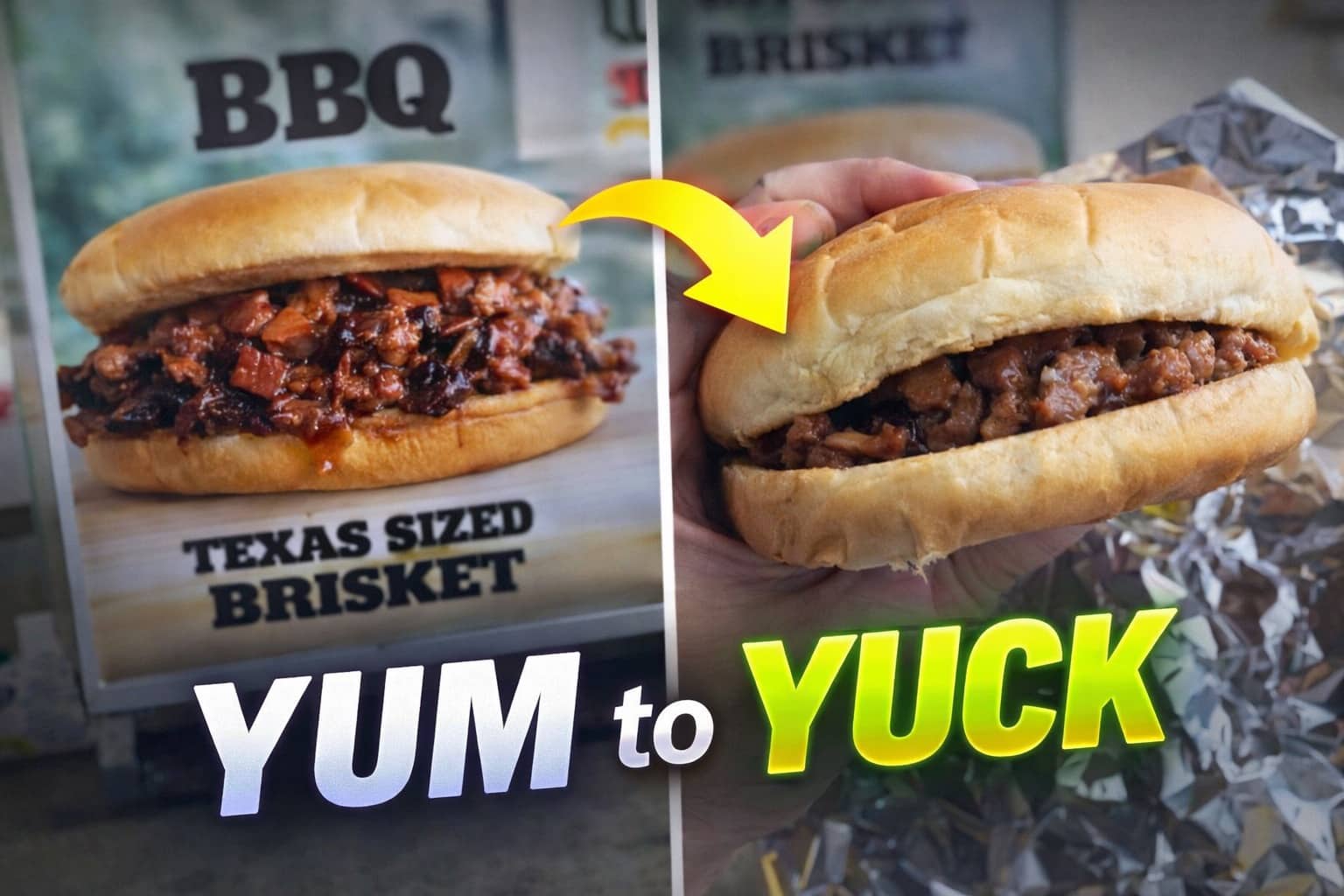 Side-by-side comparison of a Texas sized brisket sandwich advertisement versus a disappointing real-life version.