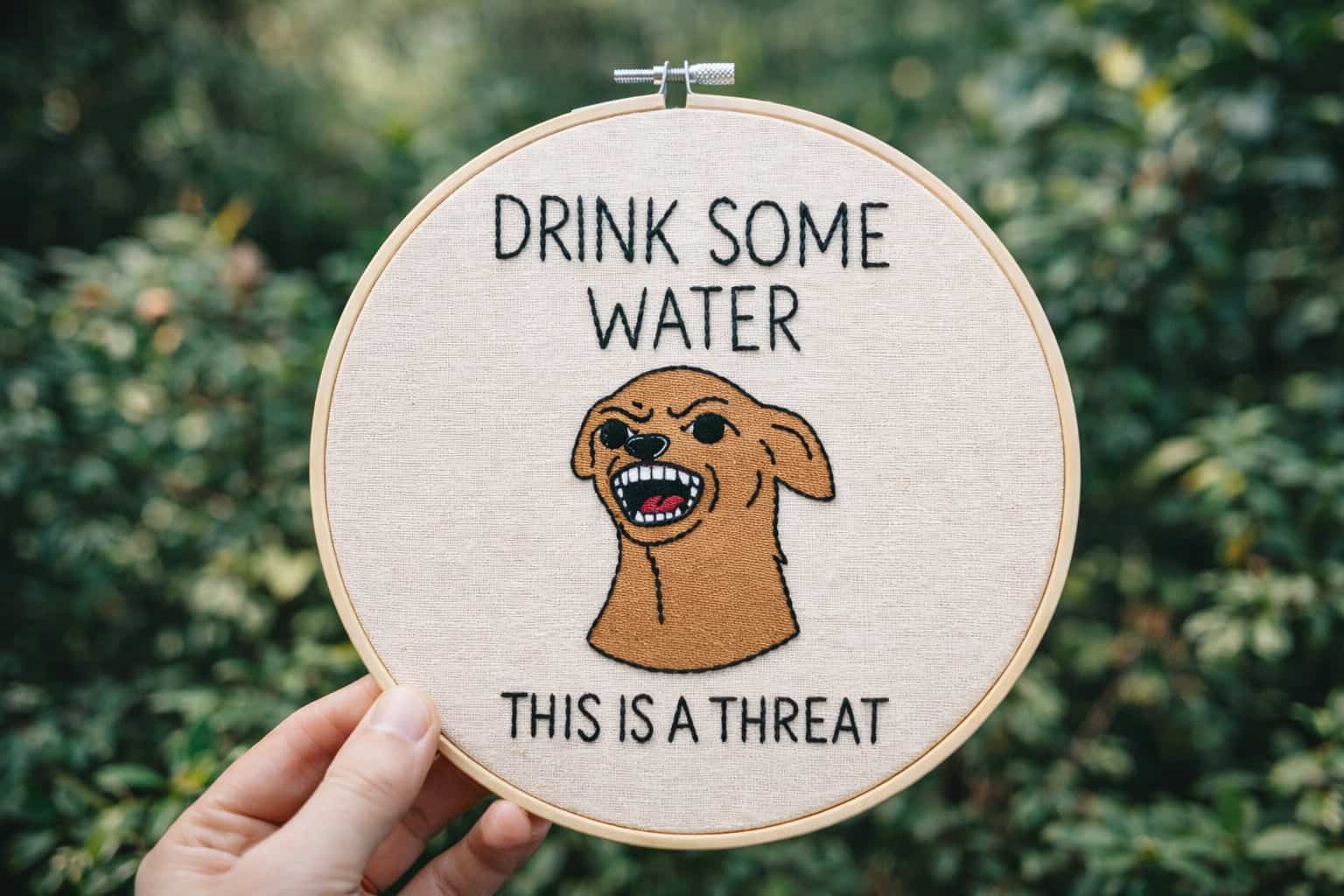 Funny needlework embroidery of an angry chihuahua saying drink some water this is a threat.
