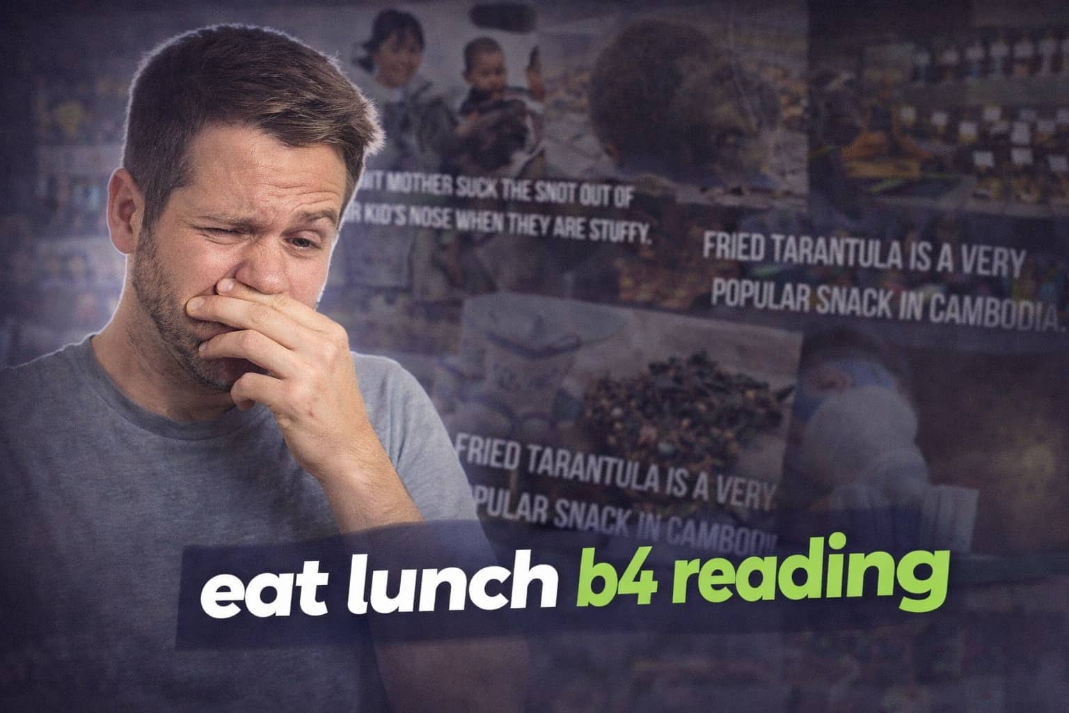 Man looking disgusted while reading gross facts about eating tarantulas and unconventional health habits.