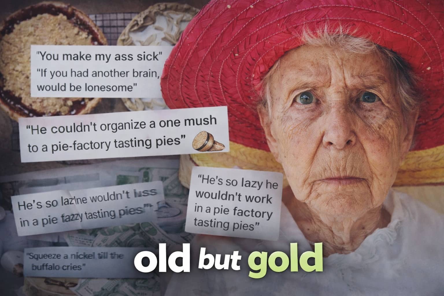 Elderly woman in a red hat featured with classic old-fashioned insults and funny vintage phrases.