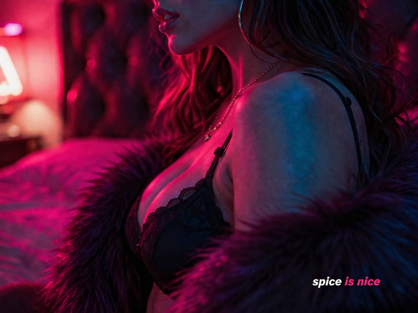 A woman in black lingerie and a fur coat under red neon lights with text spice is nice.