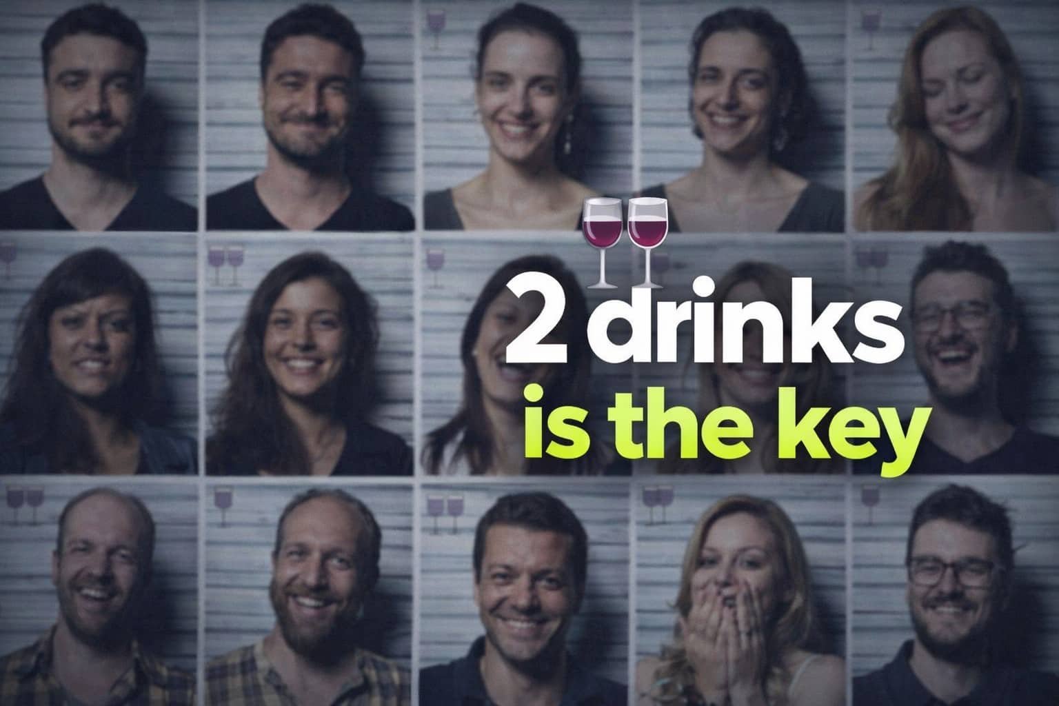 Grid of wine portraits showing people's faces after one two and three glasses of wine.