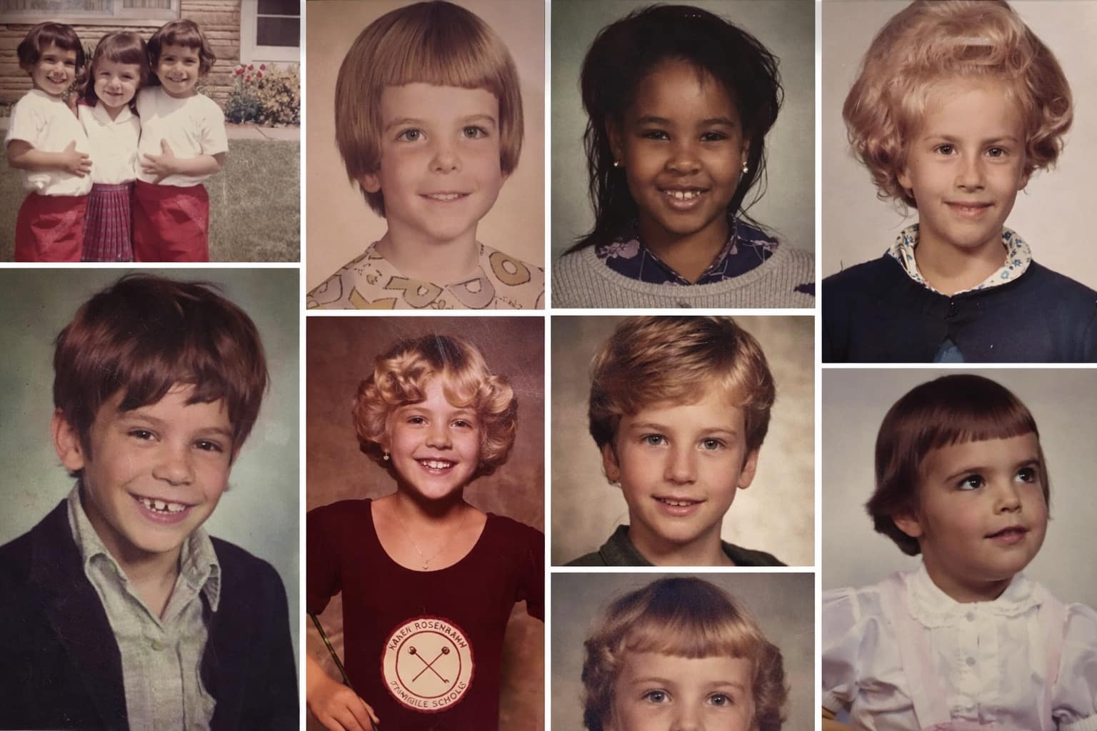 80s haircuts compilation: A collage featuring a massive, gravity-defying "pouf" of blonde hairsprayed curls, a precise school-portrait bowl cut, and a classic child’s mullet-shag hybrid with feathered layers and shoulder-length tail.