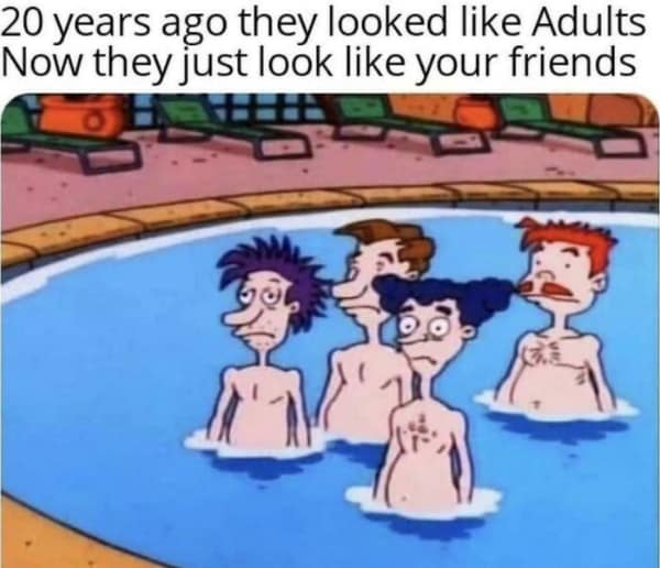 A depressing but hilarious 90s meme showing the miserable, exhausted dads from the Rugrats cartoon standing in a pool, triggering harsh 90s nostalgia with the realization that they used to look like old adults but now just look exactly like your friends.