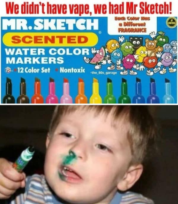 A hilarious 90s meme comparing modern vaping to the intense 90s nostalgia of aggressively sniffing Mr. Sketch scented markers, showing a little kid with a green marker completely smeared across his nose.
