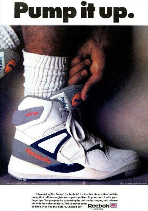 A classic piece of 90s nostalgia showcased in a 90s meme featuring a vintage advertisement for Reebok Pump shoes, highlighting the iconic moment of manually squeezing the orange basketball pump on the tongue of the high-top sneaker.