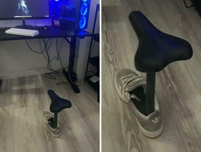 The most cursed gaming chair ever created featuring a black bicycle seat mounted on a metal pole drilled directly into a single grey Adidas sneaker in this epic diy fail.