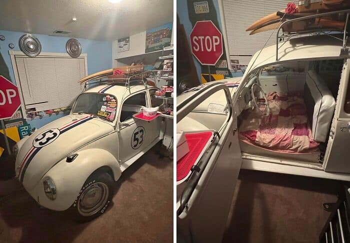 A vintage Volkswagen Beetle car parked inside a bedroom and converted into a makeshift mattress bed in this hilariously bad DIY furniture project.