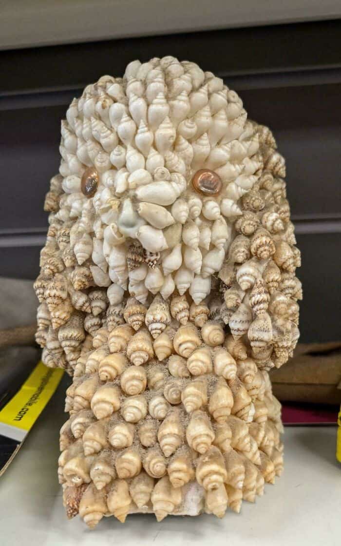 A strange craft project showing a small dog statue completely encrusted in hundreds of tiny seashells with glass bead eyes in this classic diy fail.