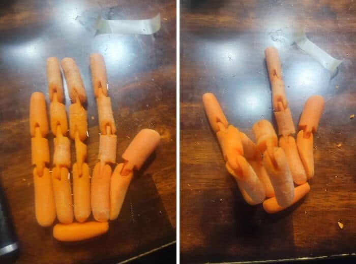 A deeply disturbing diy fail where raw baby carrots are meticulously sliced and pinned together to resemble an anatomically correct human skeleton hand.