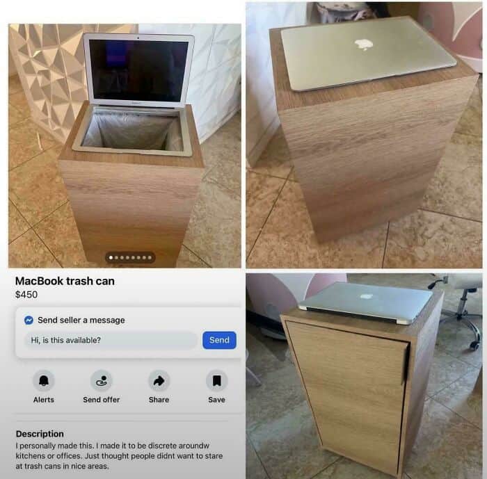 A Facebook Marketplace listing for a ridiculous $450 trash can disguised as a hollowed out Apple MacBook computer on a wooden stand. An absolute masterpiece of a diy fail.