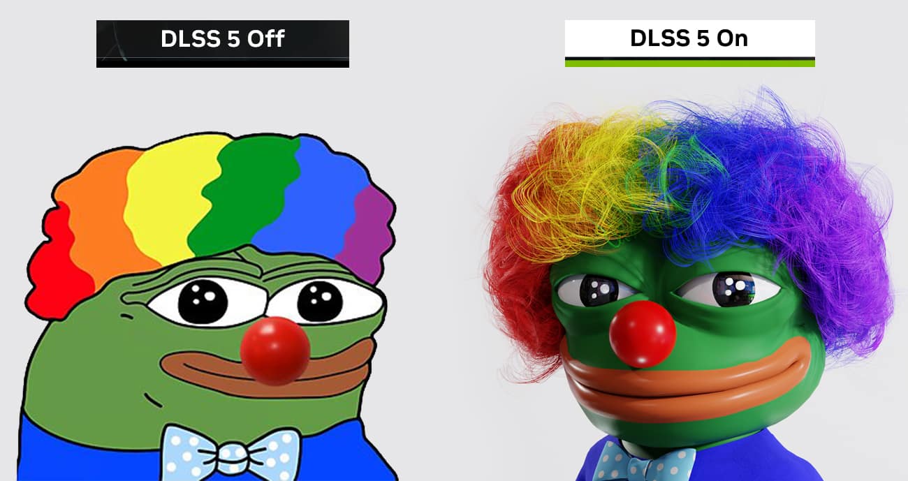A high-fidelity DLSS 5 meme featuring the "Honkler" clown version of Pepe the Frog. The technology takes the flat 2D drawing and creates a 3D render with realistic skin folds and thousands of individual strands of neon rainbow hair.