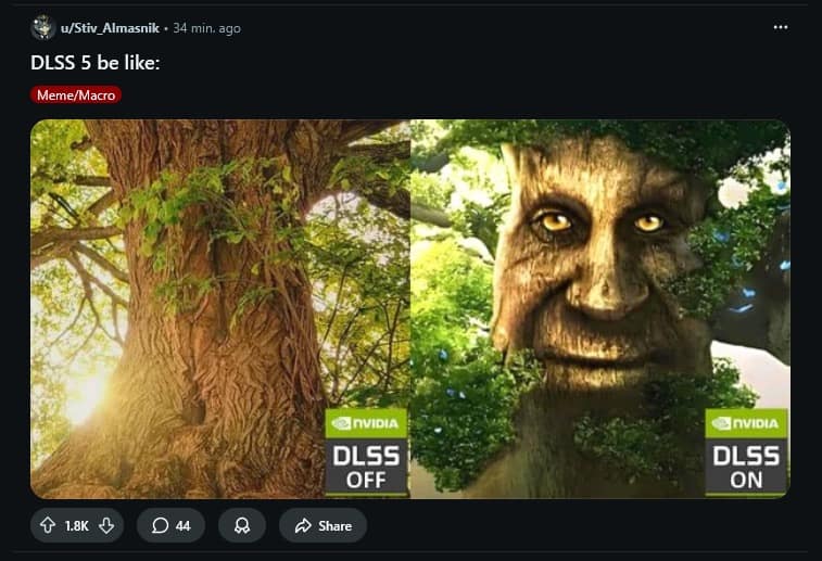 satirical DLSS 5 meme showing a standard, beautiful old tree on the left. The "On" side replaces the bark texture with the viral "Wise Mystical Tree" face, complete with human eyes and a knowing expression, poking fun at AI "enhanced" environments.