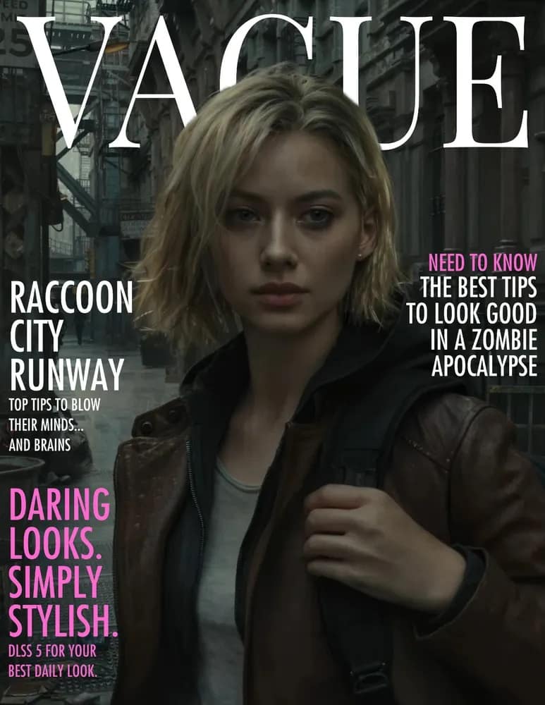 A meta DLSS 5 meme styled as a high-fashion magazine cover titled "VAGUE." It features a realistic render of a woman in a Resident Evil style setting, claiming the technology is the "best tip to look good in a zombie apocalypse."