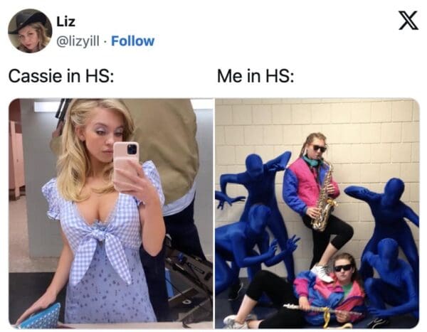 A hilarious Euphoria season 3 trailer meme comparing real life to the show. A tweet from @lizyill shows a glamorous photo of Cassie labeled "Cassie in HS" next to a photo of actual teenagers in blue morphsuits and neon windbreakers with instruments, labeled "Me in HS."