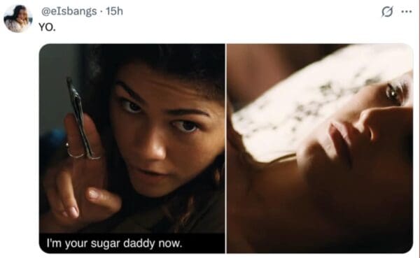 A chaotic Euphoria season 3 trailer reaction from @MaxXRuby1. The image shows a residential street at night completely devastated with multiple cars flipped upside down and trash everywhere. The caption reads: "The city after Rue got done #Euphoria."