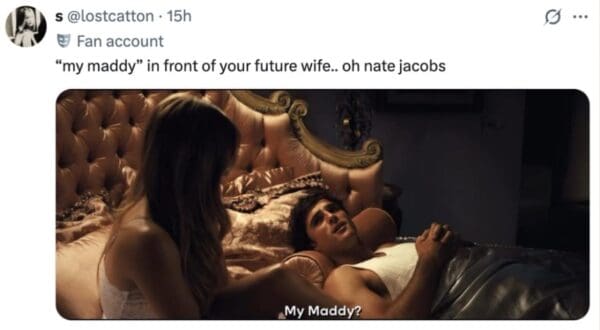 A tense Euphoria season 3 trailer reaction from @lostcatton. The image shows Nate Jacobs (Jacob Elordi) lying in a luxurious bed with Cassie sitting beside him. The subtitle shows Nate asking, "My Maddy?" leading the fan to comment on him saying that in front of his "future wife."