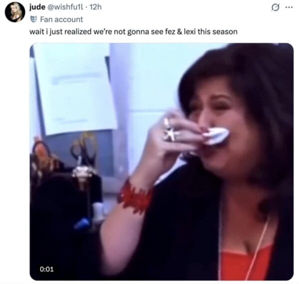 A somber Euphoria season 3 trailer reaction from user @wishfu1L. It features a video of a woman crying hysterically into a tissue with the realization that fans won't be seeing the beloved "Fez & Lexi" pairing this season.