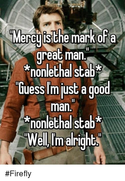 Mal Reynolds' pragmatic approach to morality is perfectly captured in this Firefly meme, where he measures his "greatness" by the number of nonlethal stabs he delivers.
