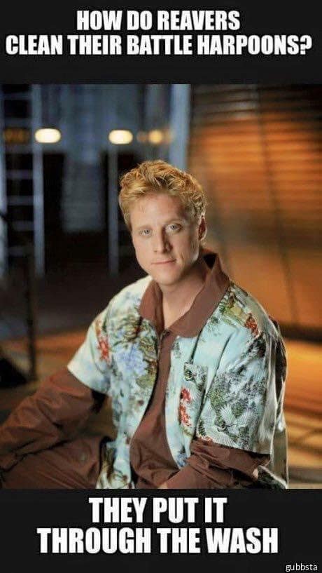 Delivering a devastatingly dark pun is the mission of this Firefly meme, which jokes about Reavers cleaning their harpoons by putting them "through the Wash."