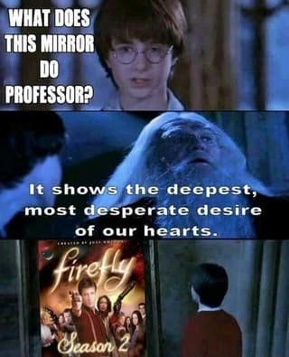 The ultimate "Browncoat" fantasy is revealed in this Harry Potter crossover Firefly meme, where the Mirror of Erised shows Harry the impossible dream of a Season 2 DVD set.