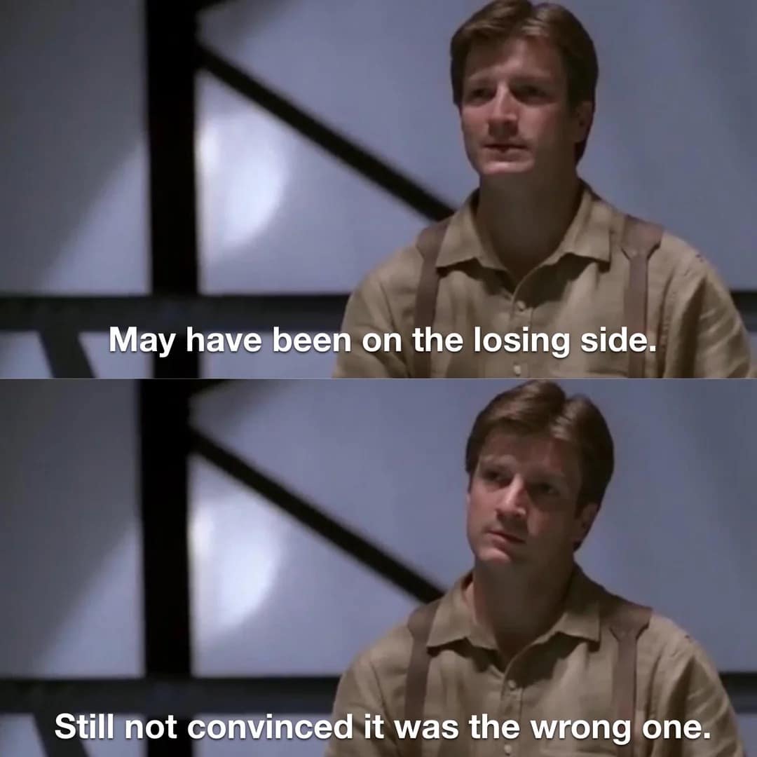 Mal Reynolds’ rebellious smirk in the cockpit is paired with chaotic anti-social logic in this Firefly meme, which declares that he's fine with people as long as they aren't, you know, "around."