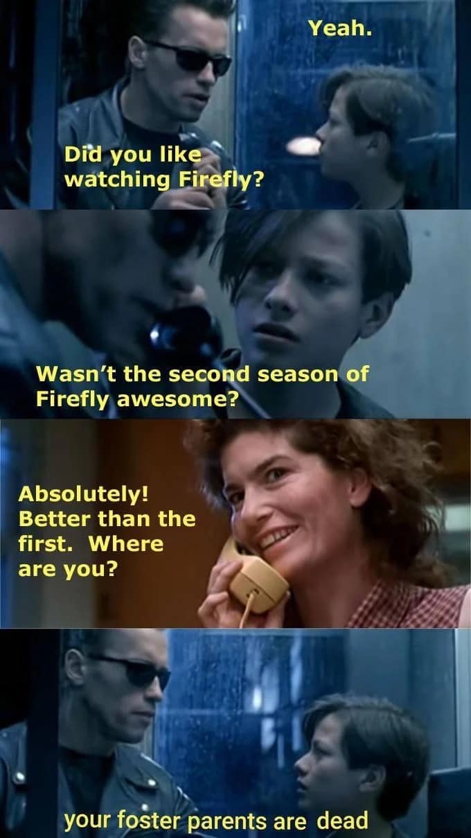 The raw, uncensored peak dad-energy of Captain Mal from Serenity is channeled in this Firefly meme, using his image to threaten people who ask what’s for dinner.