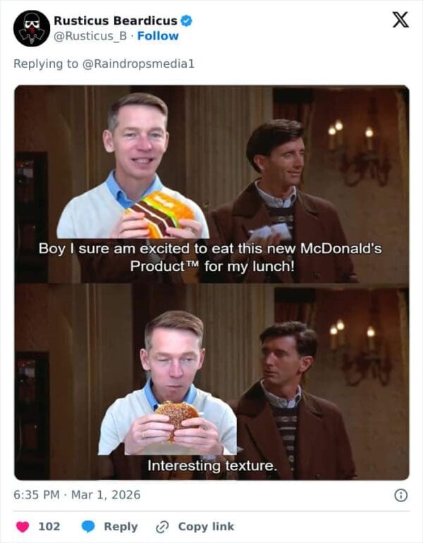 A creative McDonalds CEO burger meme editing Chris Kempczinski into the Steamed Hams scene, portraying him robotically praising the fake corporate food before blankly complimenting its texture.