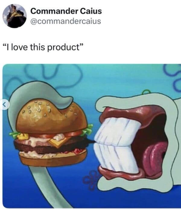 SpongeBob SquarePants McDonalds CEO burger meme comparing the executive's viral, microscopic nibble of the Big Arch to the iconic scene where Squidward takes an impossibly tiny bite of a Krabby Patty.