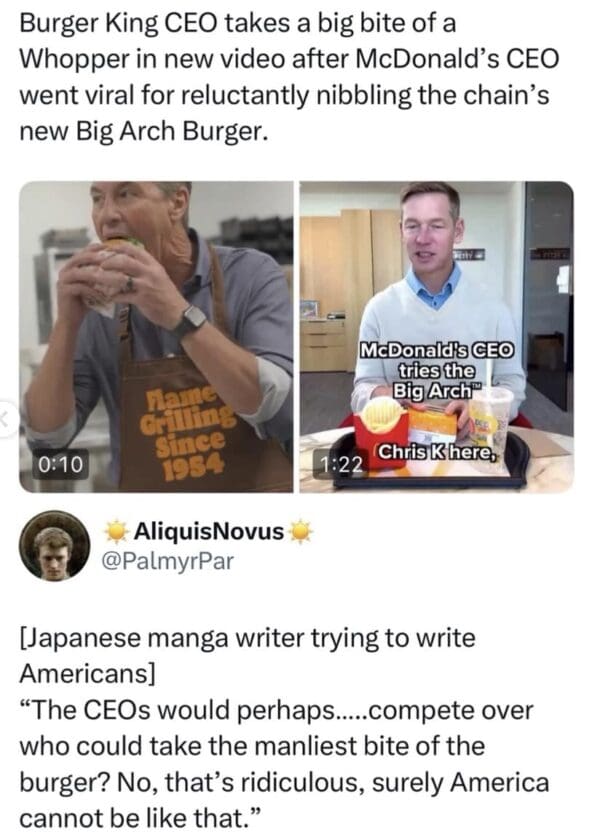 A hilarious McDonalds CEO burger meme comparing the tiny nibble to the Burger King executive taking a massive bite, with a caption joking that a manga writer would find this American corporate rivalry too ridiculous to write.