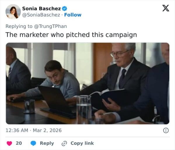 A corporate reaction McDonalds CEO burger meme using a screenshot of Roman Roy cringing behind a laptop in Succession to represent the sheer panic of the marketing team who originally pitched the viral tasting video.