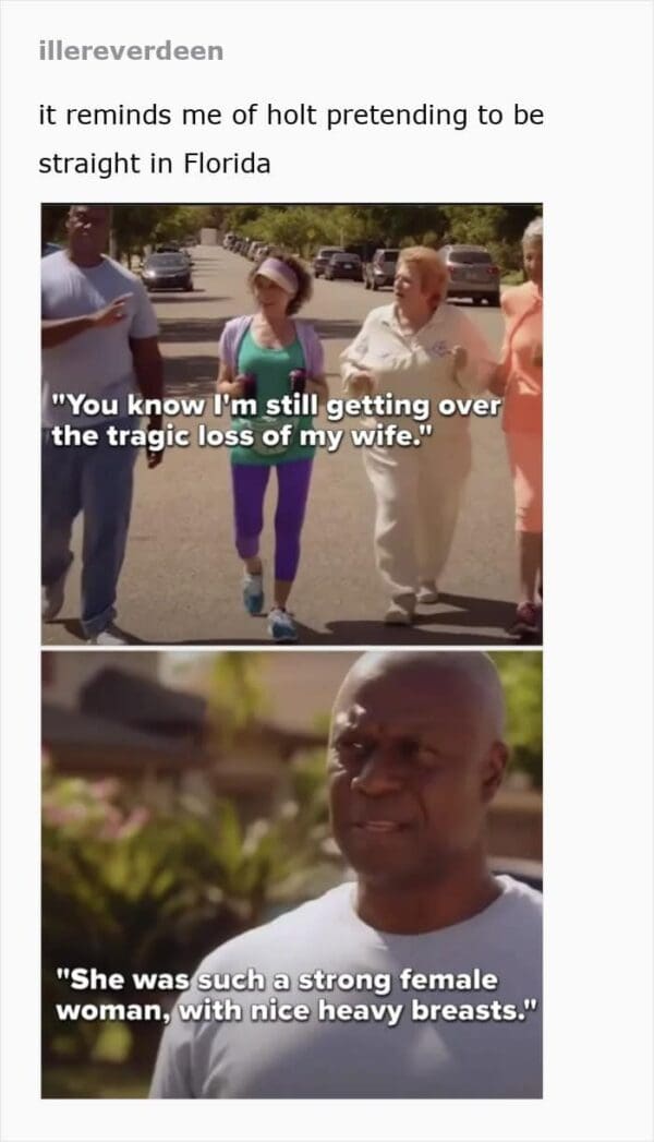 A hilarious McDonalds CEO burger meme comparing the executive's robotic, unnatural attempt to enjoy his own food to Captain Holt from Brooklyn Nine-Nine awkwardly pretending to be a straight man in Florida.