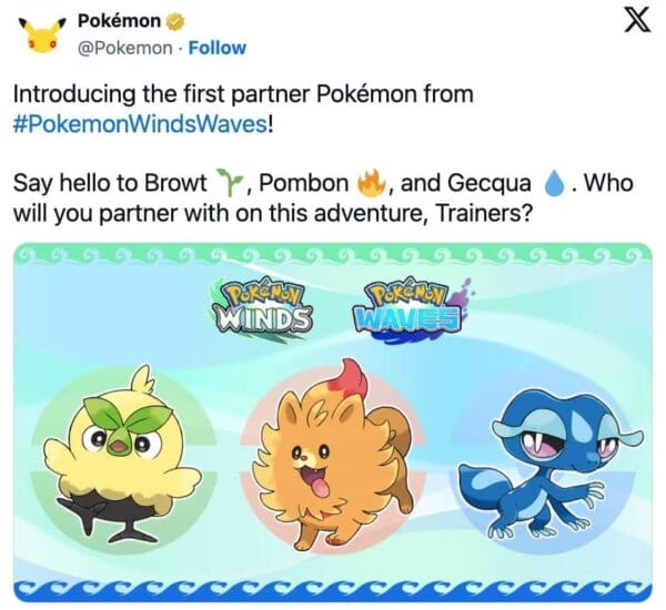 Tweet announcing Pokemon Winds and Waves new gen 10 starters from Nintendo
