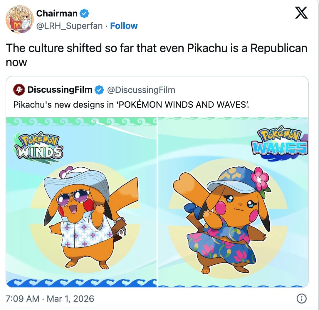 Winds and Waves meme showing the new sun-tanned vacation Pikachu designs alongside a tweet claiming the culture shifted so far that even Pikachu is a Republican now, capping off this batch of a Pokemon Winds and Waves reaction.
